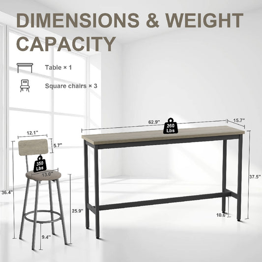 Only Supports Self Pickup-Long Dining Table Set With 3 PU Upholstered Bar Stools, Dining Table And Chairs Set, Industrial High Coffee Table And Back Chair