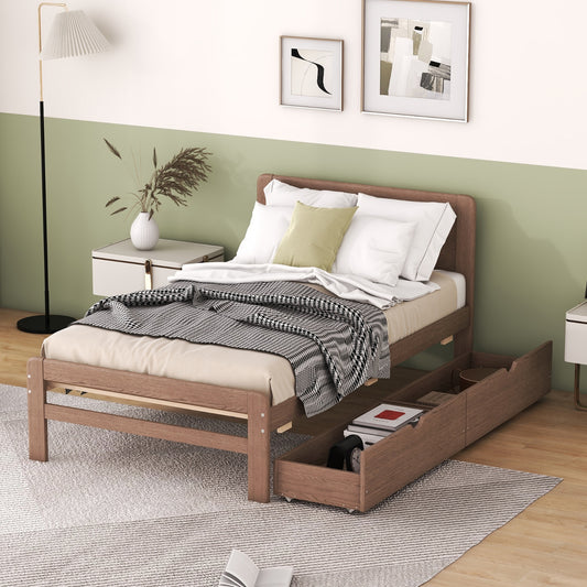 Modern Design Twin Size Platform Bed Frame With 2 Drawers For Walnut Color