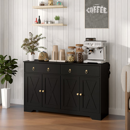 Kitchen Storage Sideboard, Farmhouse Buffet Cabinet With Barn Style Doors, Drawers, Adjustable Shelves, Black
