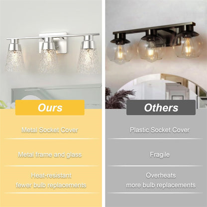 3 Light Brushed Nickel Bathroom Vanity Light Fixtures With Clear Hammered Glass Shade, 22 Inch Bathroom Lighting Fixtures Over Mirror, For Bathroom Shower Toilet