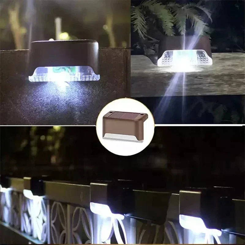 Brown plastic solar-powered step light with clear textured lens for outdoor garden deck stairs patio lighting