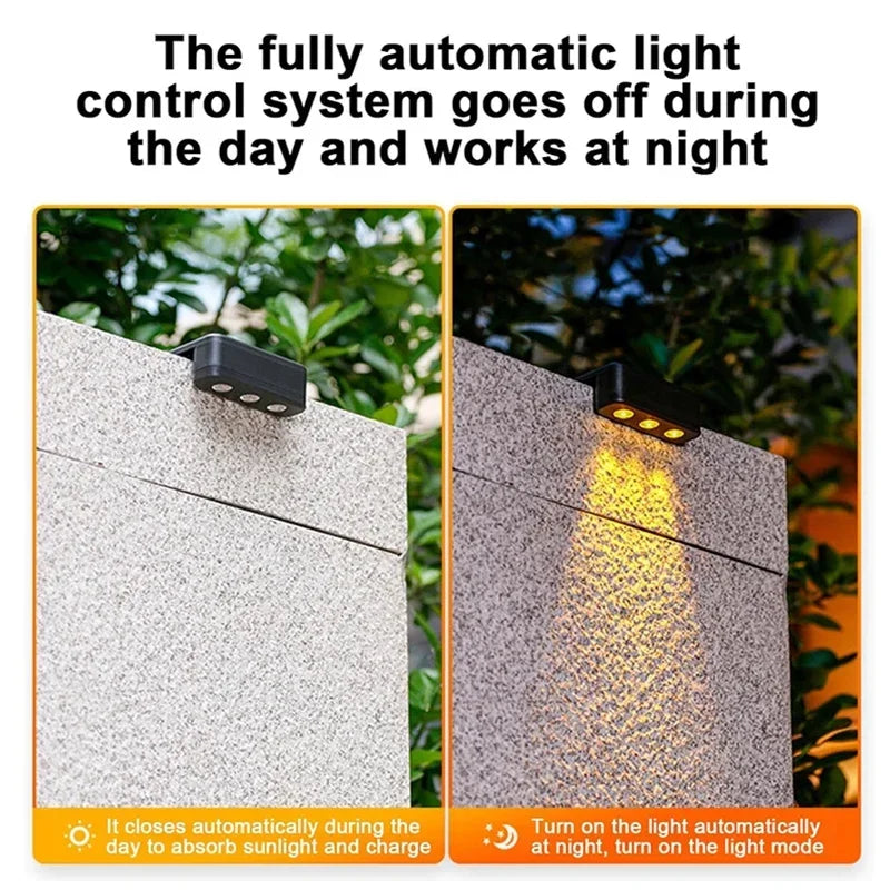 Black ip65 waterproof led solar step light with three bulbs for outdoor porch stair wall garden decor