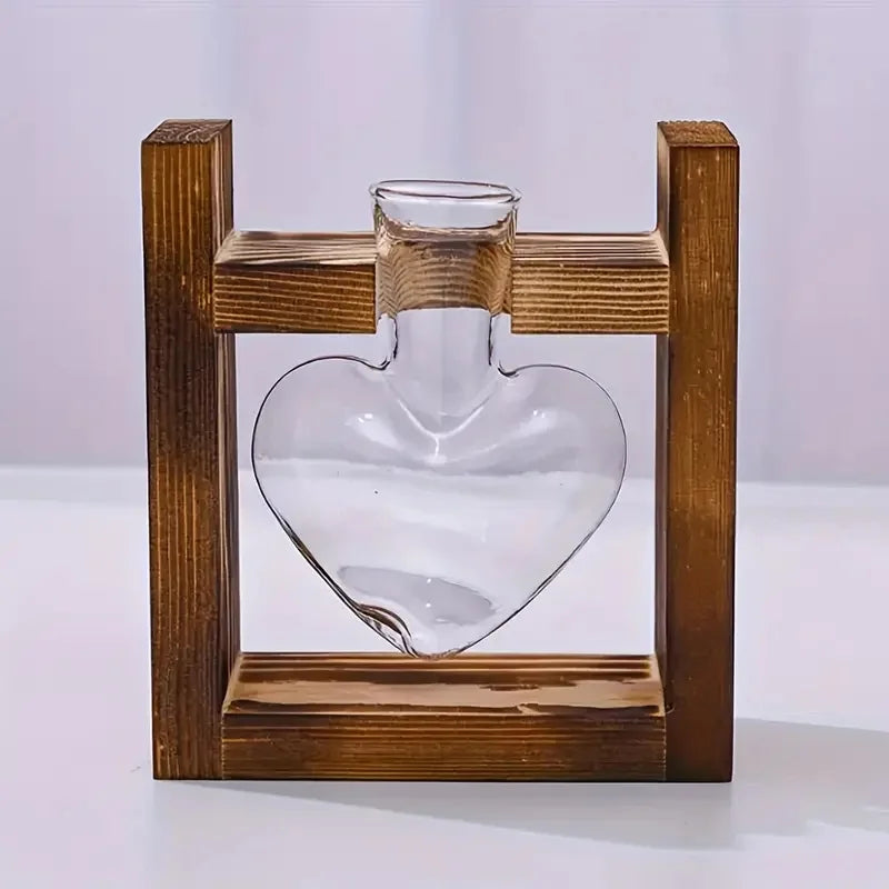 Clear heart-shaped glass vase in a rustic wooden frame hydroponic small vase for living room desk decor
