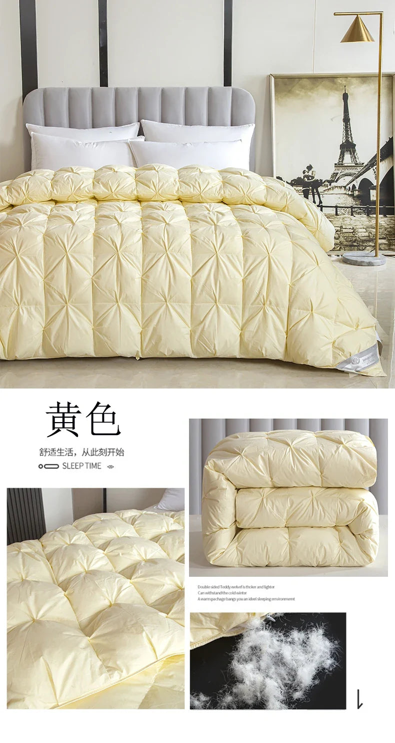 A plush pale yellow 100 percent white goose down comforter with diamond stitch and pure cotton filling for winter use
