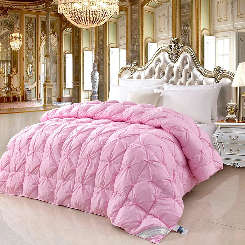 Pink quilted comforter with diamond-stitched pattern made of 100% white goose down and pure cotton for winter use