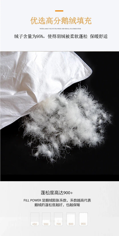 White pillow with 95 percent high-grade down filling showcasing soft texture in 100 percent white goose down comforter