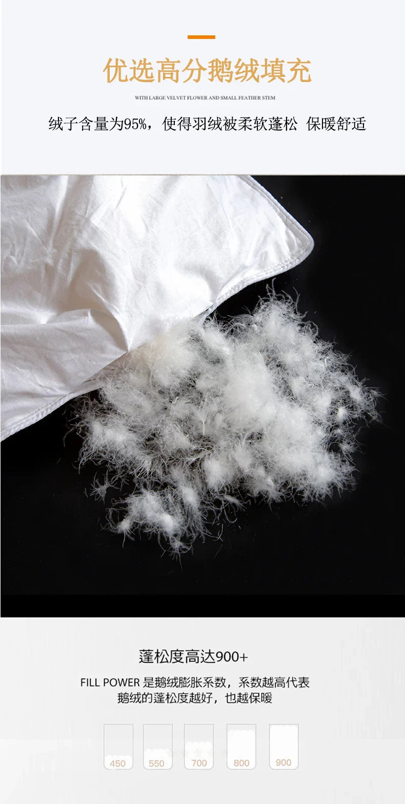 White pillow with 95 percent high-grade down filling showcasing soft texture in 100 percent white goose down comforter