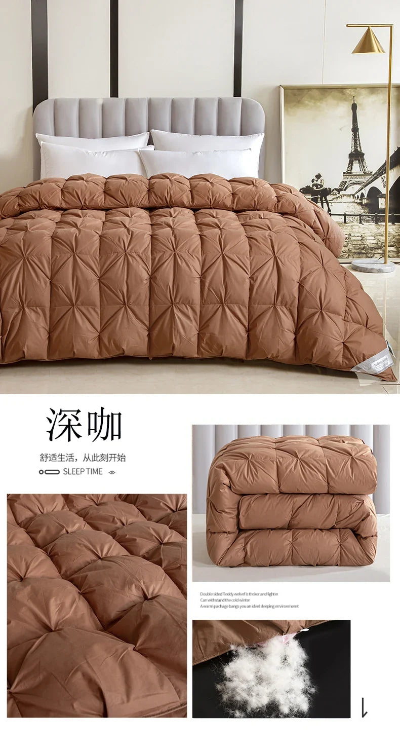 A plush rust-colored quilt with diamond stitching and soft filling in a 100 percent white goose down comforter