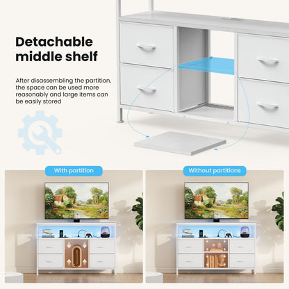 TV Stand, 4 Drawers, With LED Lights And Power Sockets, 50-inch TV Living Room Furniture, With Open Shelves And Adjustable Feet