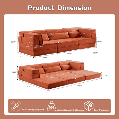 Compression Mahjong Sofa,Convertible Floor Sofa Bed,DIY Boneless Modular Sectional Sofa,No Assembly Required,Circle Fleece Fabric,Oversized 3 Seater With 3 Pillows,Orange