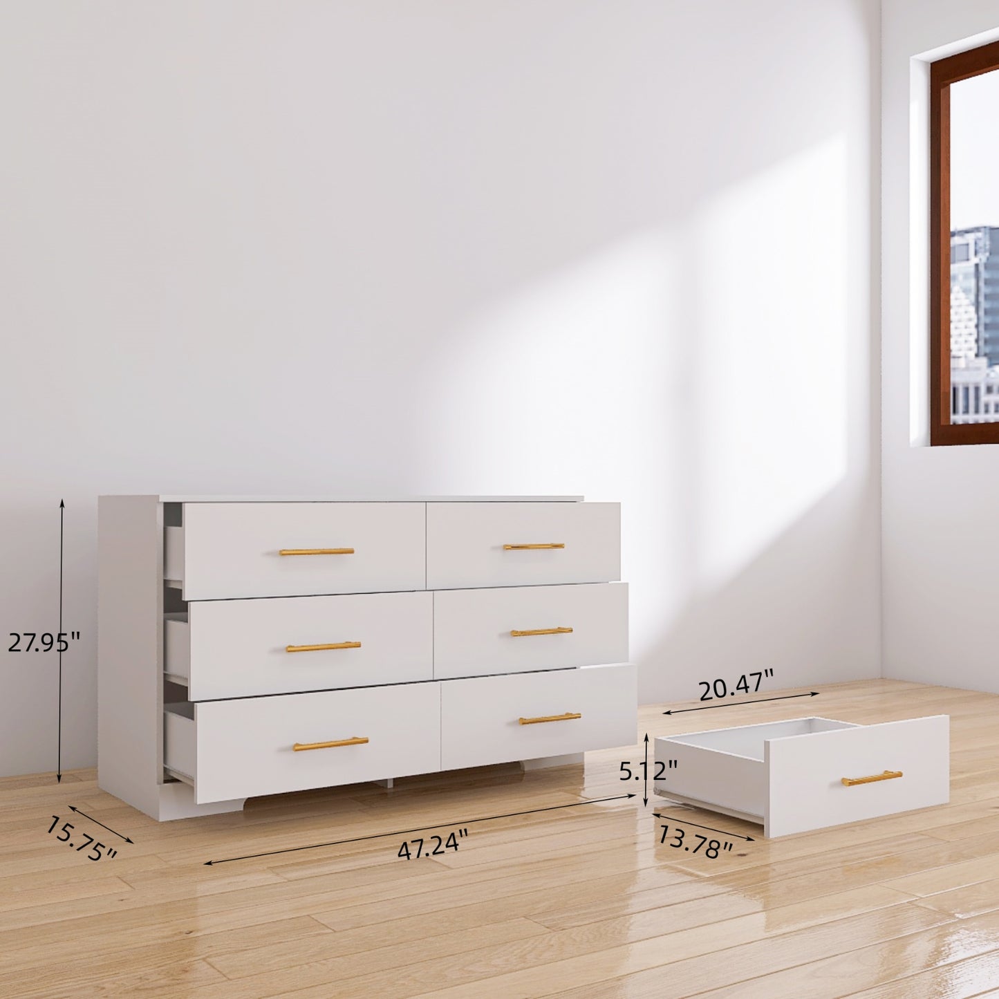 White Color Large 6 Drawers Chest Of Drawer Dressers Table With Golden Handle