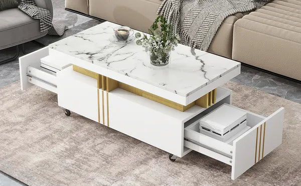 VIDEO Provided ON-TREND Contemporary Coffee Table With Faux Marble Top, Rectangle Cocktail Table With Caster Wheels, Moderate Luxury Center Table With Gold Metal Bars For Living Room, White