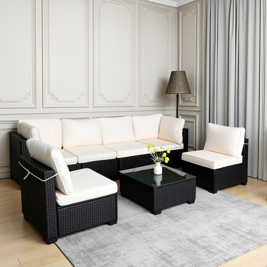 Hot Selling Seven-Piece Sofa Set Table With Sofa Chair Black PE Rattan Outdoor New Design Furniture 7-JH002 Box 3-1-2-3 With White Color Cushion