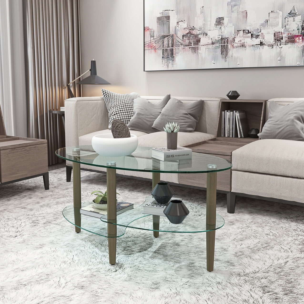 Transparent Oval Glass Coffee Table Modern Table Wood Leg Tea Table 3-layer