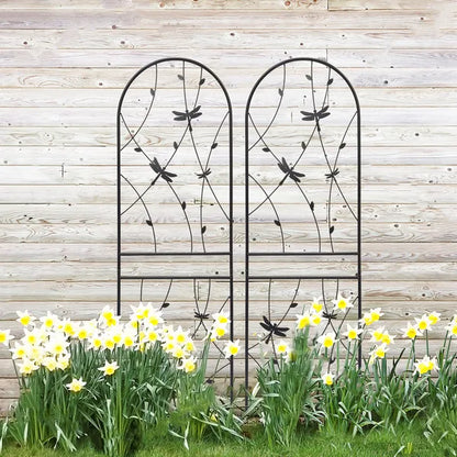 2 Pack Metal Garden Trellis 71" X 19.7" Rustproof Trellis For Climbing Plants Outdoor Flower Support Dragonfly Deco Black