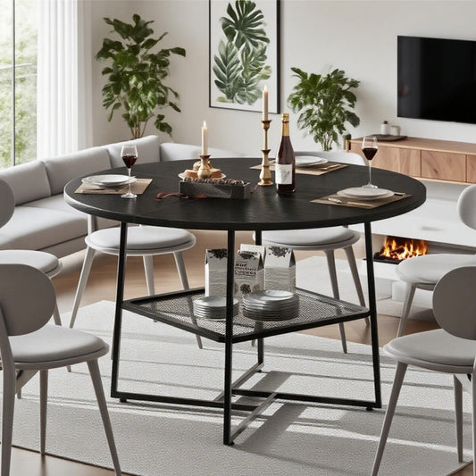 51'' Round Dining Table For 4-6  Tiger Stripes Black Wooden Dining Room Table With Storage Shelf Space Saving Circle Dinner Table With Metal Legs For Kitchen Living Room Dining Restaurant Furniture