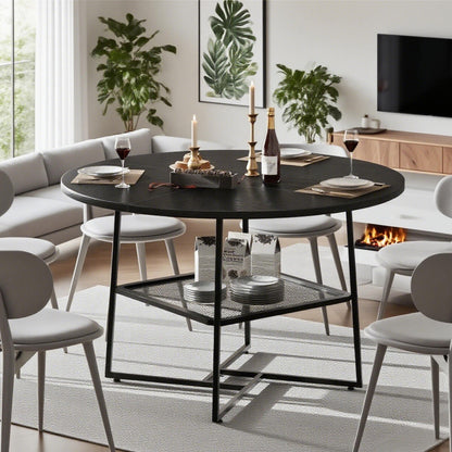 51'' Round Dining Table For 4-6  Tiger Stripes Black Wooden Dining Room Table With Storage Shelf Space Saving Circle Dinner Table With Metal Legs For Kitchen Living Room Dining Restaurant Furniture