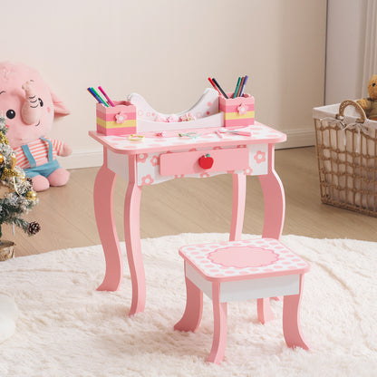 White MDF Spray-painted 1-drawer 2-desktop Storage Box Children's Dressing Table Set With Apple Print