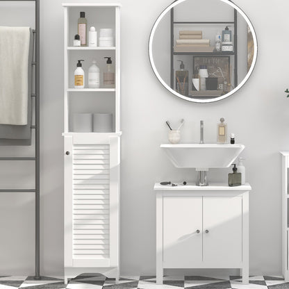 Tall Bathroom Storage Cabinet/Freestanding Tower with 3-Tier Open Adjustable Shelf and Cupboard