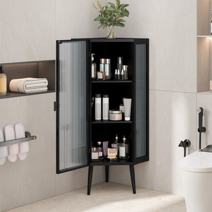22.25'' Floor Coner Cabinet,Three Tiers With Tempered Glass Doors And Storage Shelves For Bathroom, Living Room And Bedroom Black