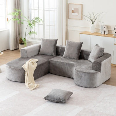 Grey Corduroy Sectional Sofa L-Shape No-Assembly