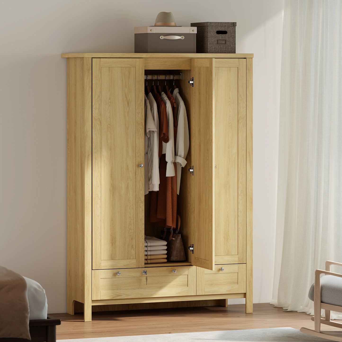 3 Doors Wardrobe Closet with 2 Drawers