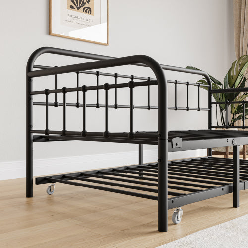 Twin Size Metal Daybed Frame With Trundle, Heavy Duty Steel Slat Support Sofa Bed Platform With Headboard, No Box Spring Needed, Black