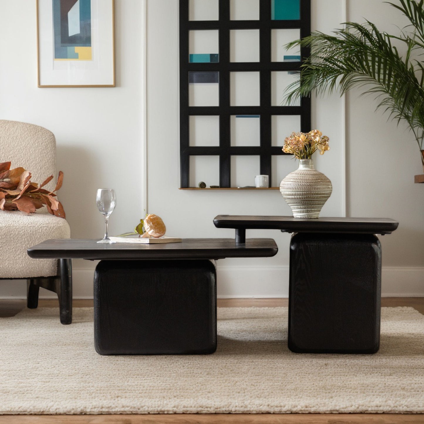 Vintage Fashion Style Square Coffee Table Set With Wood Grain Finish,for Living Room, Office And Dining Room, Black Set Of 2