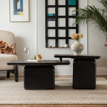 Vintage Fashion Style Square Coffee Table Set With Wood Grain Finish,for Living Room, Office And Dining Room, Black Set Of 2