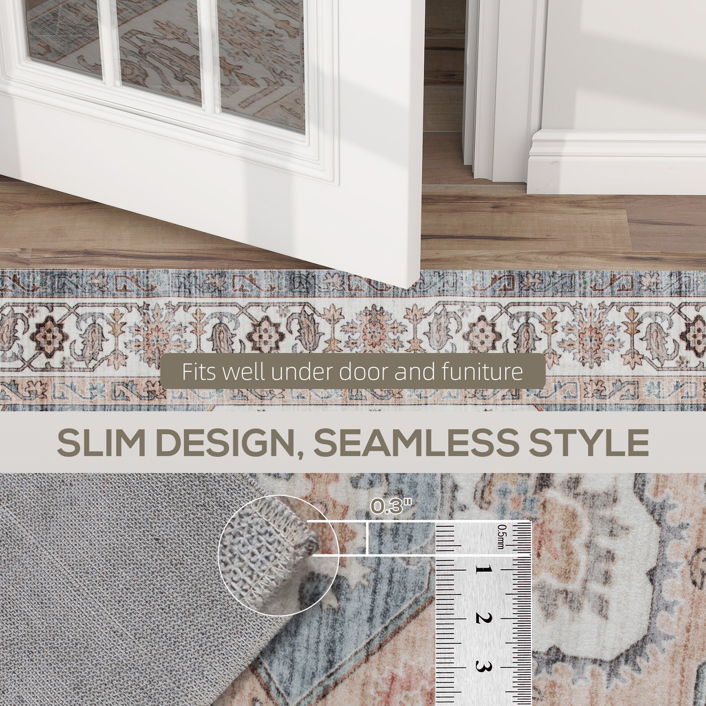 8x10 Area Rug, Vintage Machine Washable Rug, Non-Slip Carpet For Living Room, Bedroom, Dining Room, Brown & Light Blue