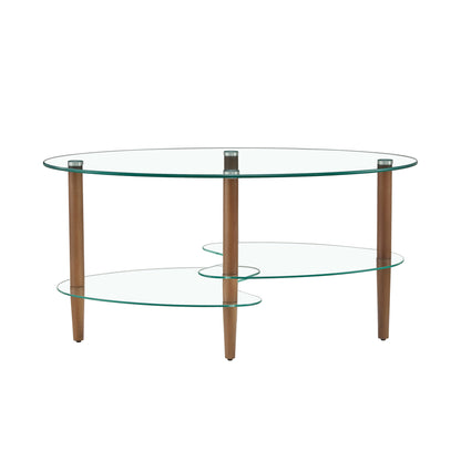 Transparent Oval Glass Coffee Table Modern Table Wood Leg Tea Table 3-layer