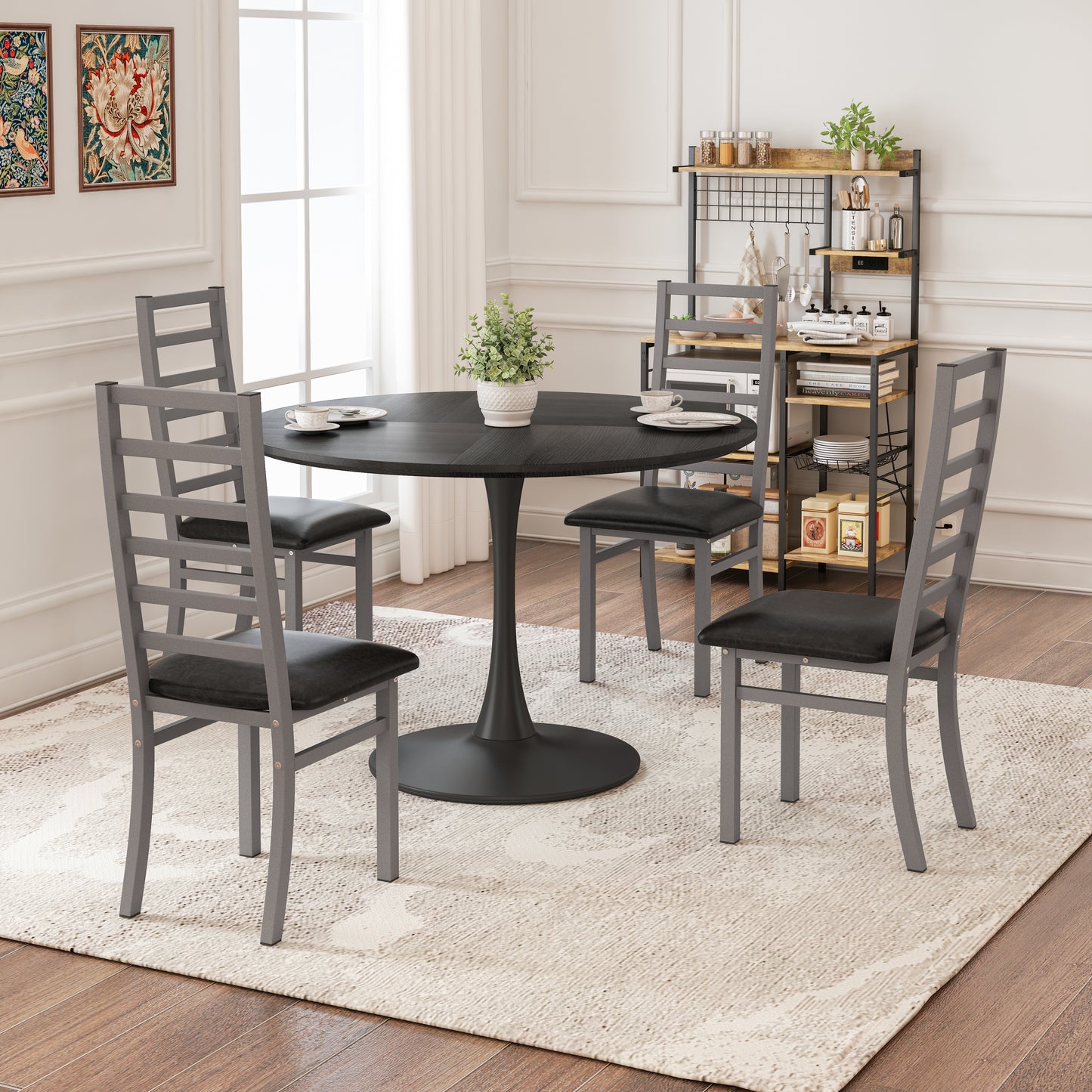 Metal Dining Chairs Set Of 4, Steel Legs And PU Leather Seats, High Back Armless Dining Chairs, For Kitchen, Living Room, Grey