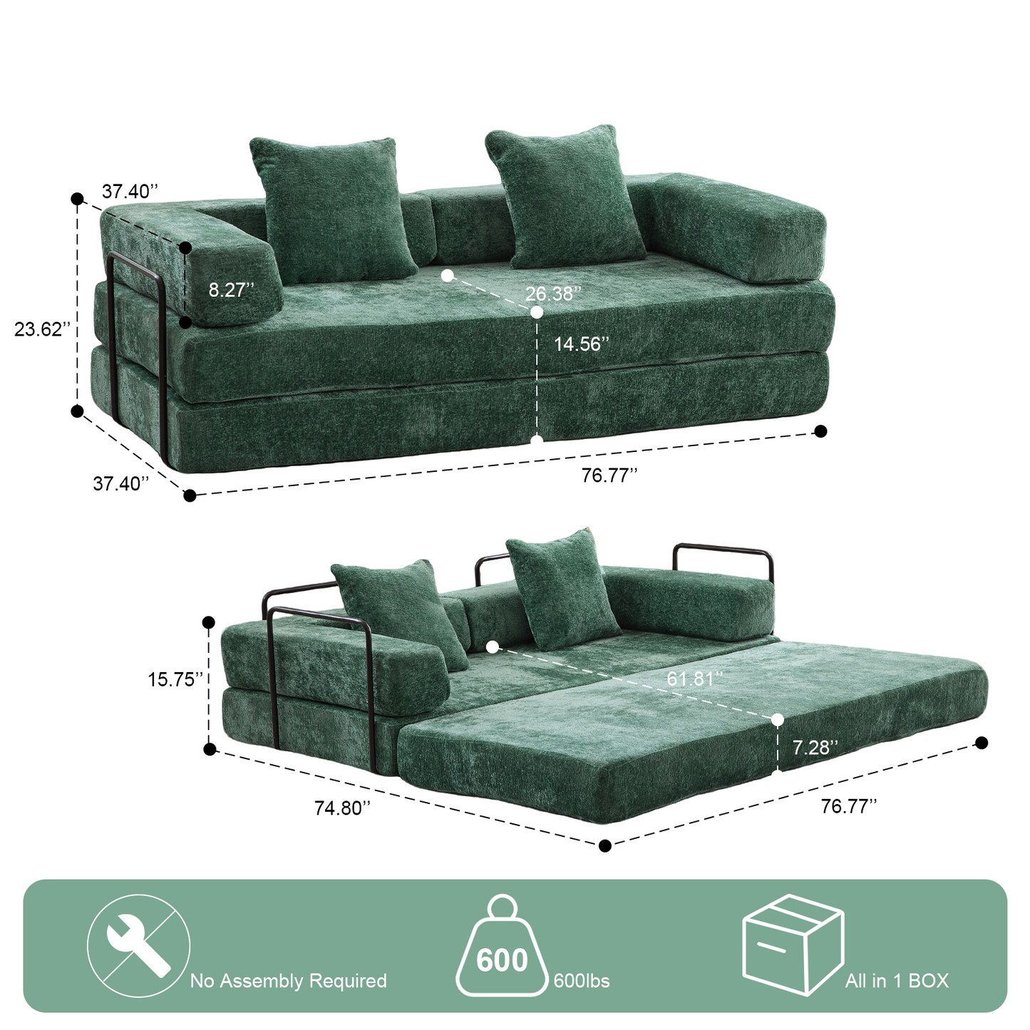 Floor Couch,Compression Sofa,Convertible Floor Sofa Bed-with Pillow Back Support Armrest,Comfy Futon Couch Lounge Sleeper Bed,Chenille Fabric,for Living Room Bedroom Dark Green
