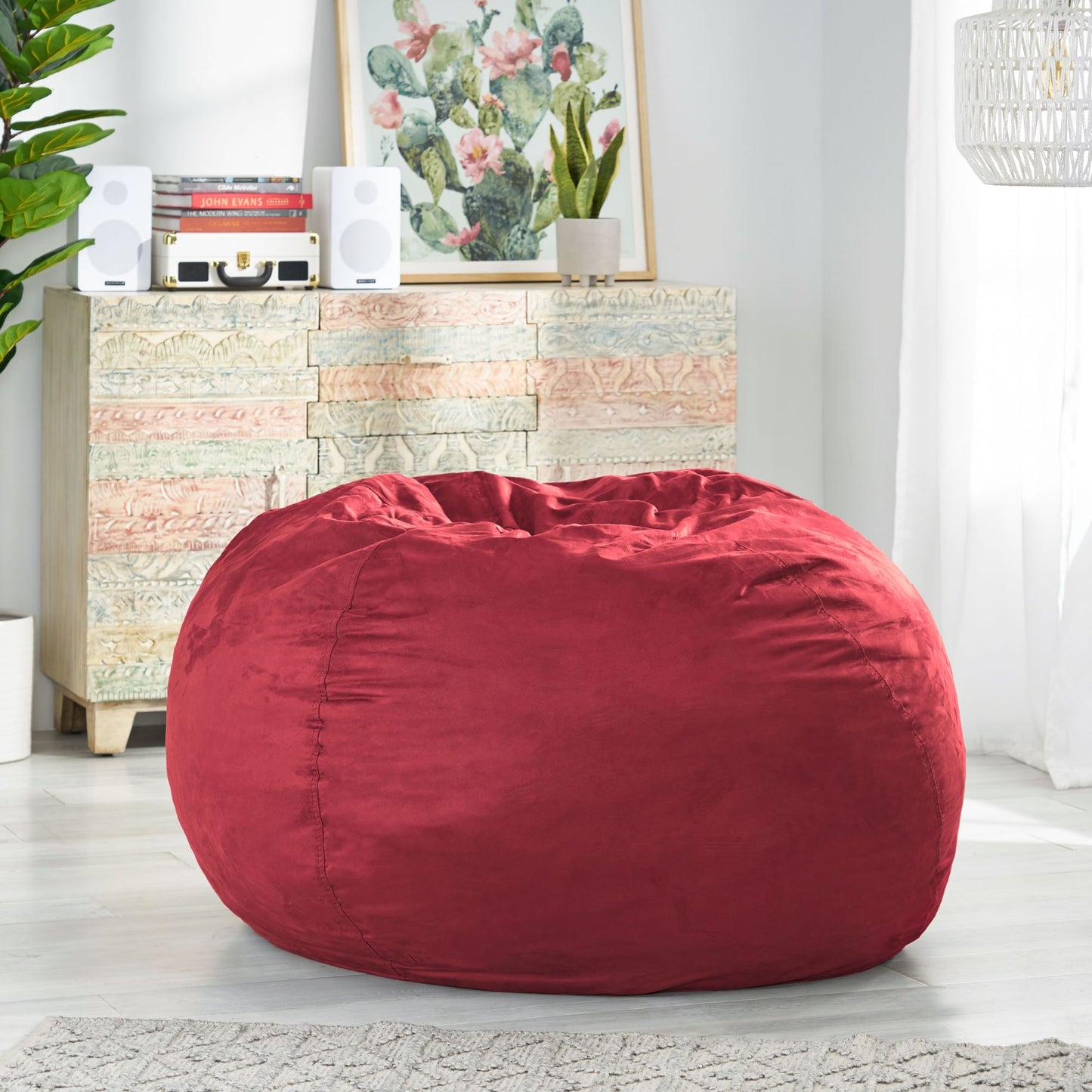 5-Foot Comfortable High-Density Shredded Foam Bean Bag Chair For Kids And Adults, With Removable Microsuede Cover, Ideal Reading And Bedroom Floor Lounge, Chinese Red