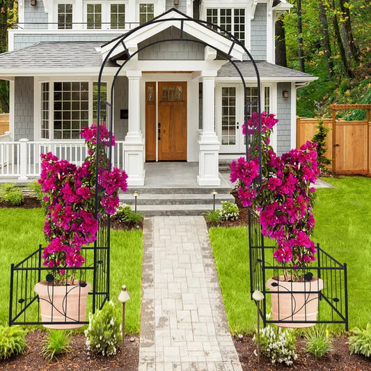Metal Garden Arch With Two Plant Stands 79.5'' Wide X 86.6'' High Climbing Plants Support Rose Arch Outdoor Black