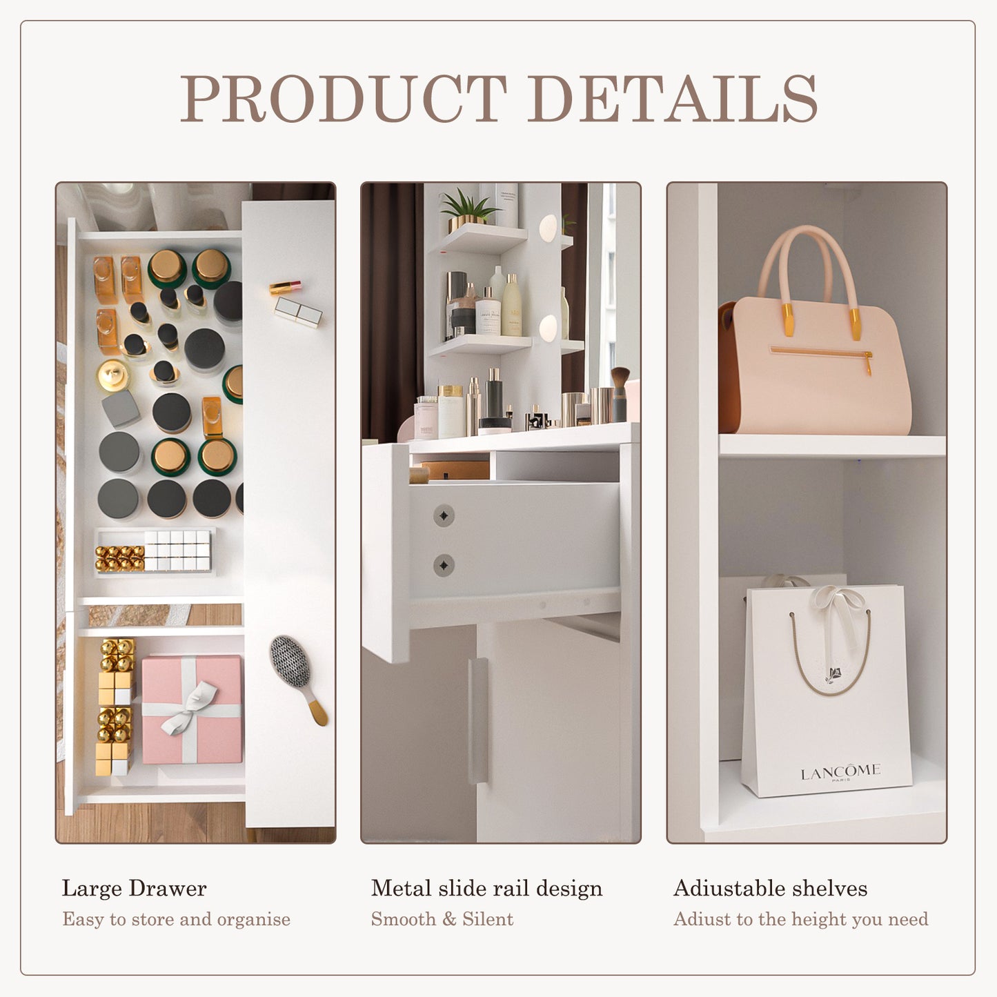 Dressing Table And Mirror, Dressing Table And Bedroom Dressing Table With 3-color Light Options For Adjustable Brightness, White