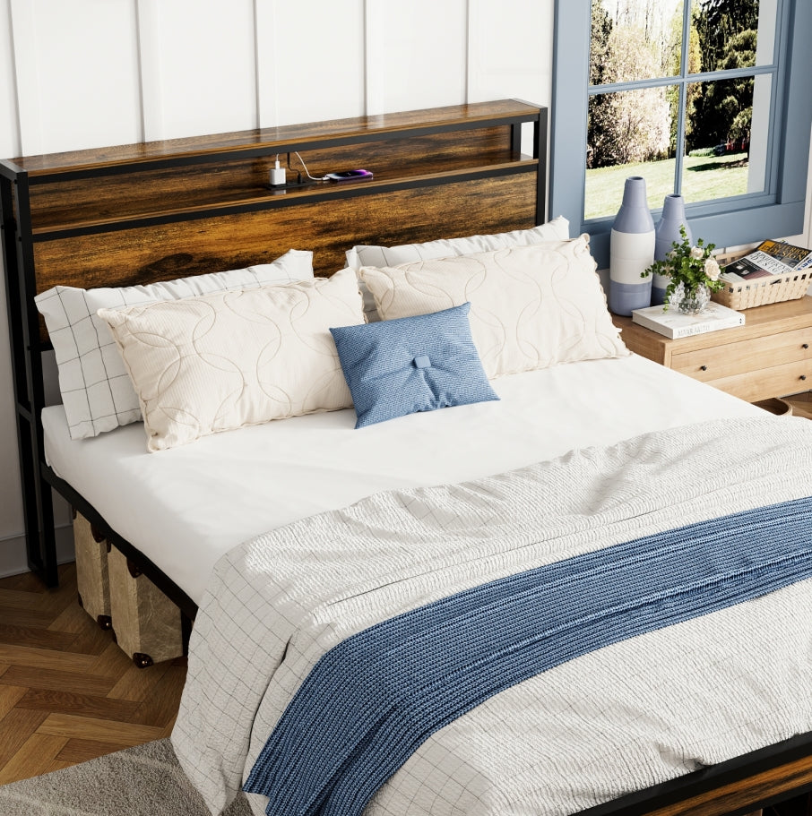Queen Size Bed Frame, Storage Headboard With LED Light, Charging Station, Solid And Stable, Noise Fr