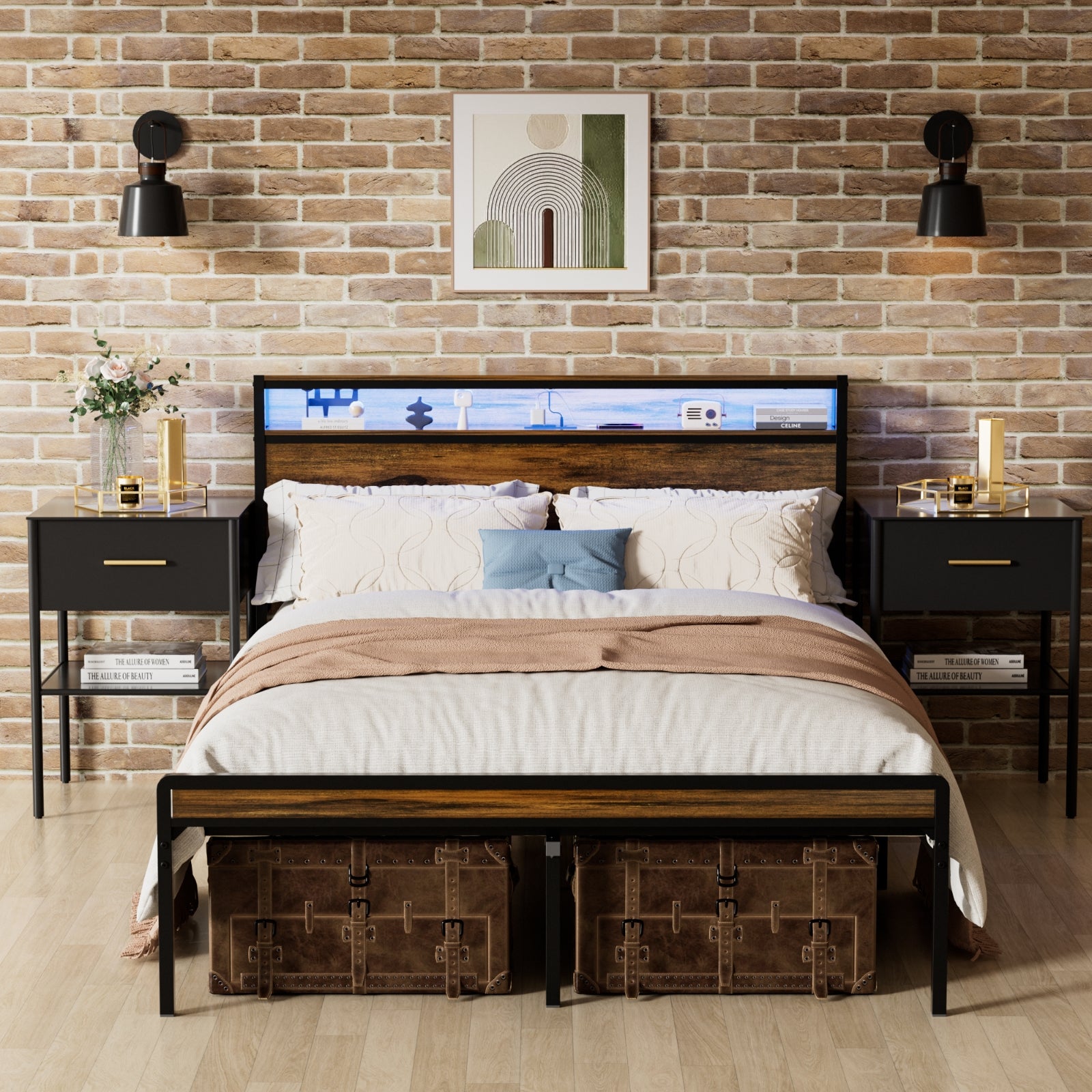 Brown LED Headboard Bed