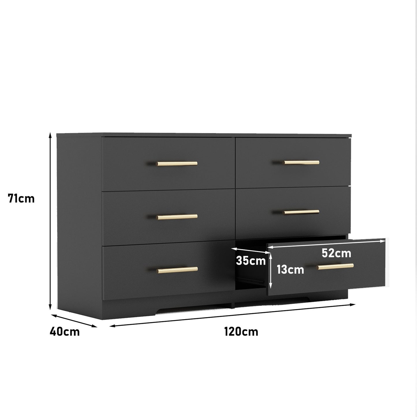 Black Color Large 6 Drawers Chest Of Drawer Dressers Table With Golden Handle