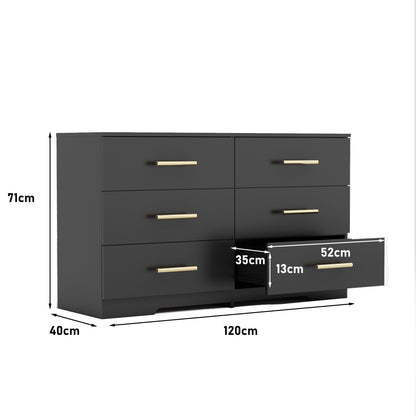 Black Color Large 6 Drawers Chest Of Drawer Dressers Table With Golden Handle