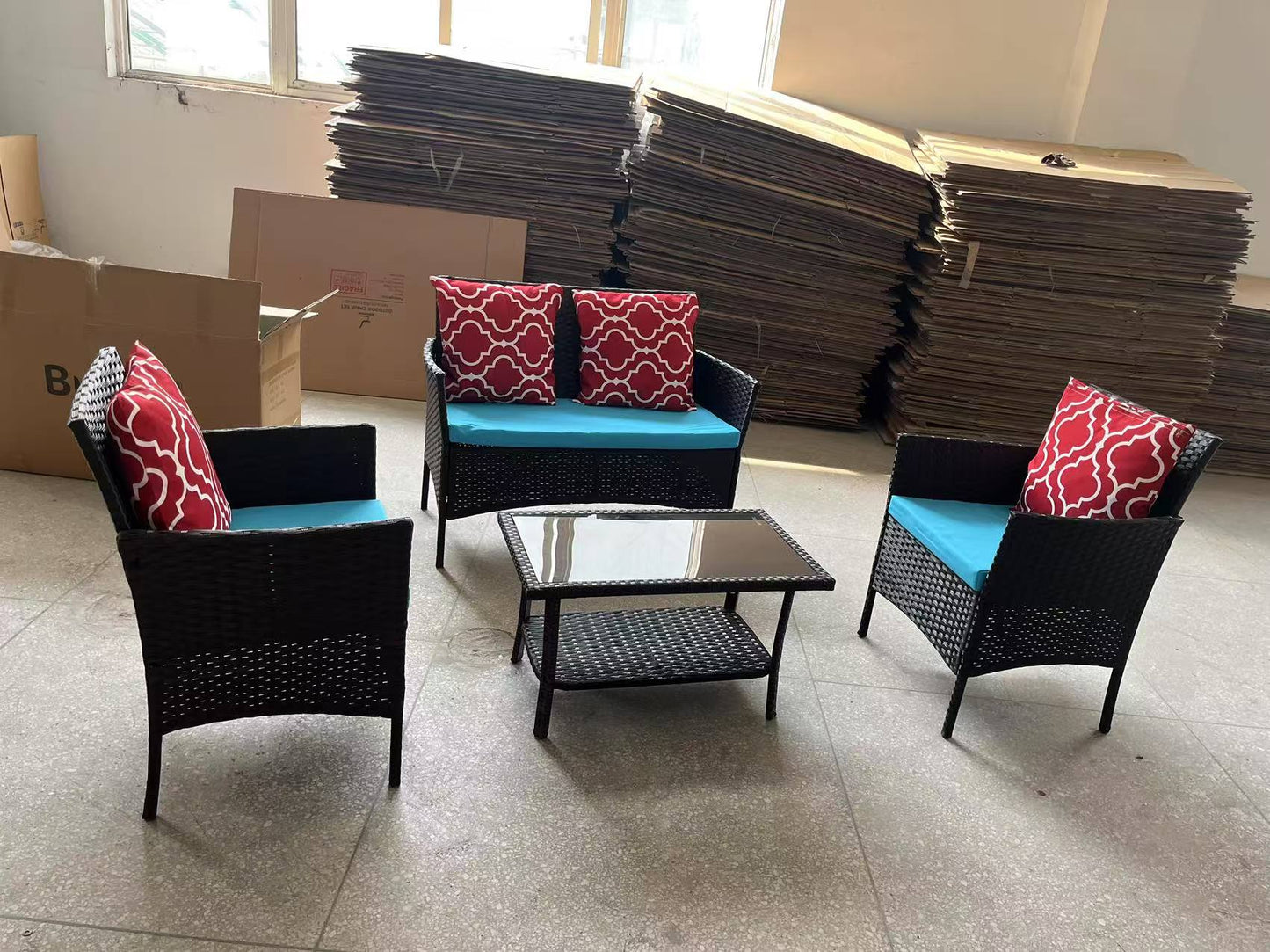 Four-Piece Sofa Set Table With Sofa Chair PE Rattan Outdoor Furniture W3152P269436 Box1 With Sapphire Blue Color Cushion