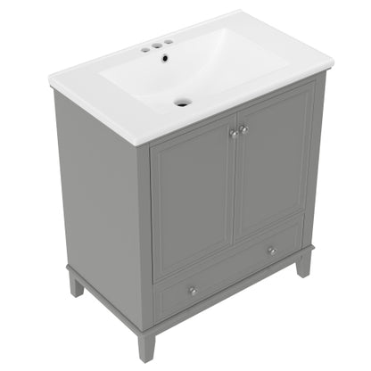 30 Bathroom Vanity With Sink Combo, Multi-functional Bathroom Cabinet With Doors And Drawer, Solid Frame And MDF Board, Grey