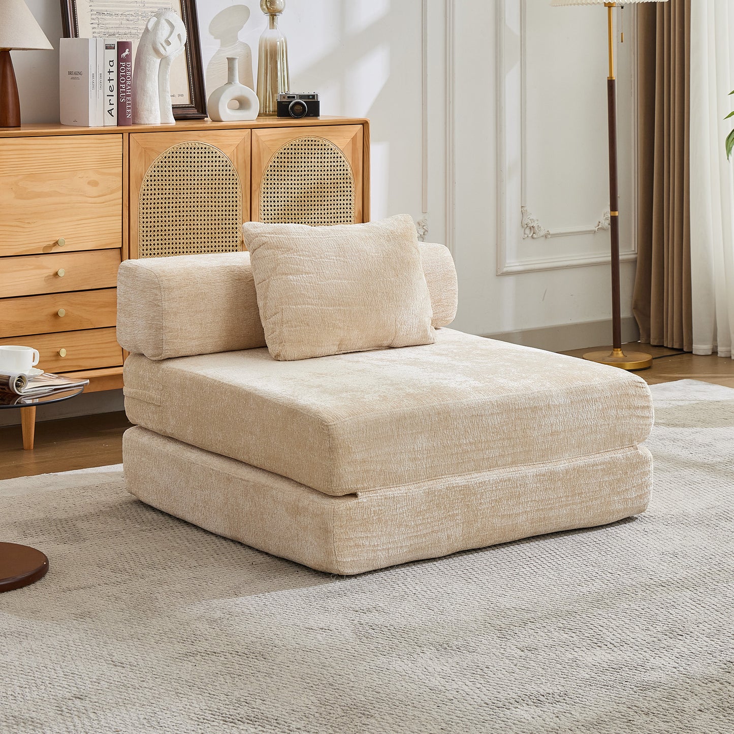 Compression Sofa,Convertible Floor Sofa Bed With Fixed-Shape Frame,Single Seater Boneless Modular Sectional Sofa,No Assembly Required,Chenille Fabric,for Living Room Bedroom,Beige