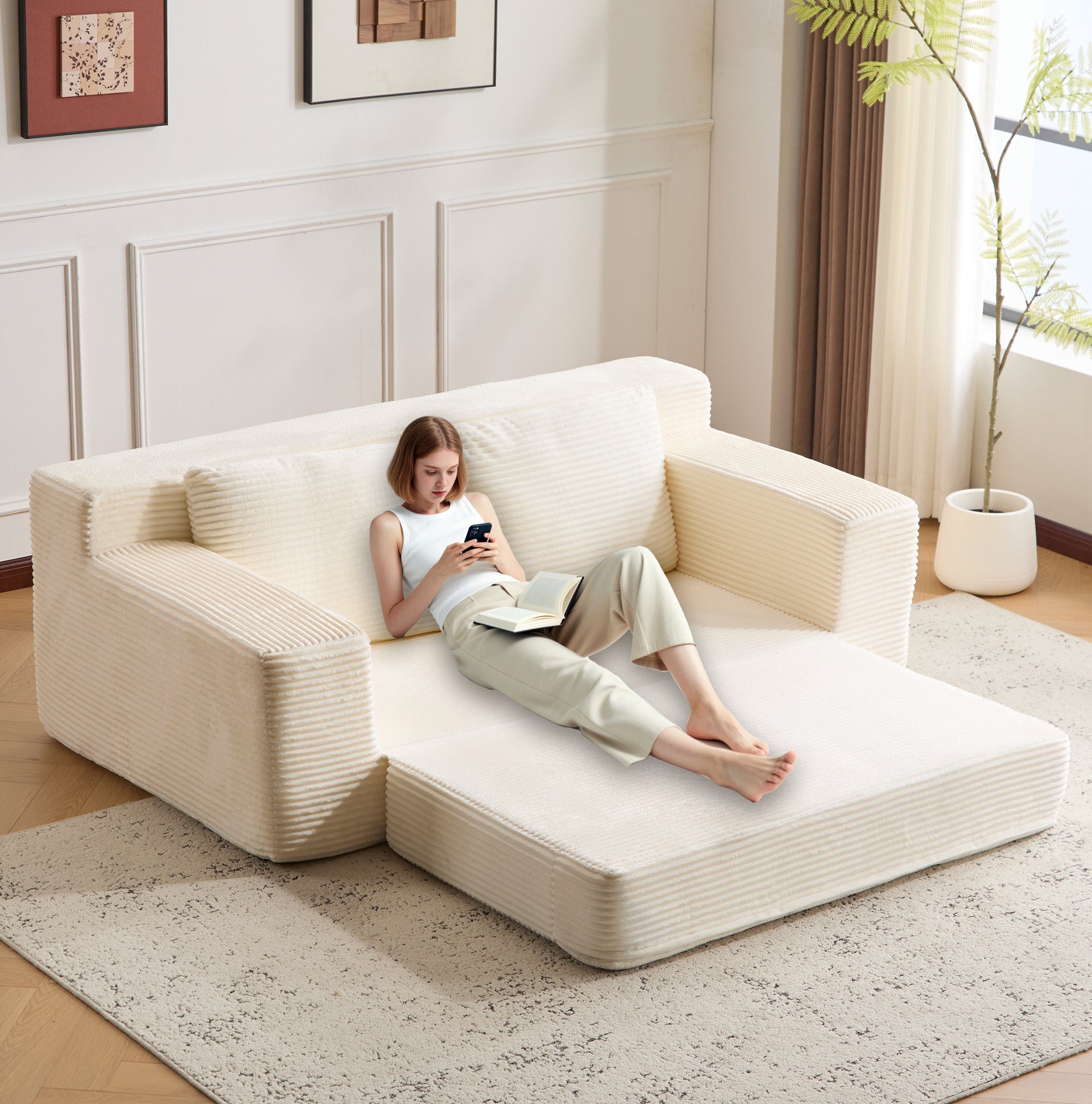 White Corduroy Loveseat Sofa