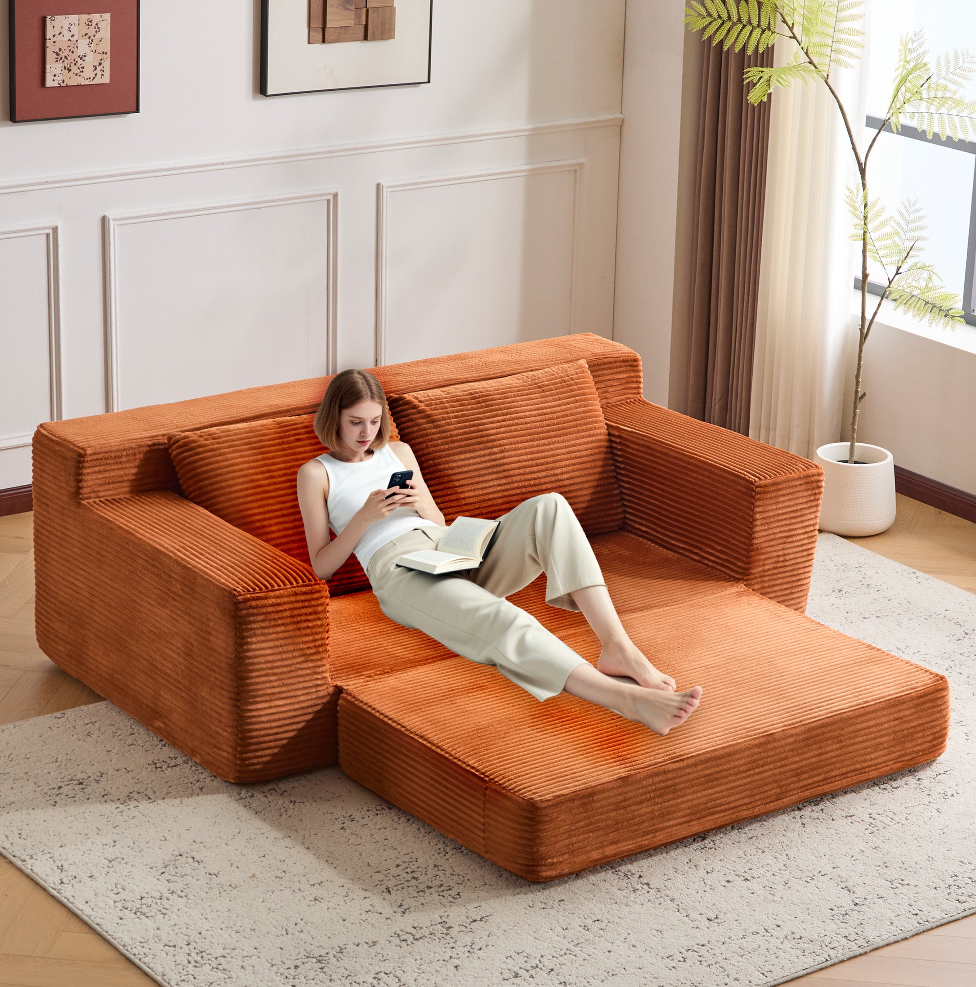 Orange Corduroy Loveseat Sofa