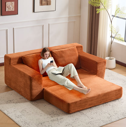Loveseat Sofa, Comfortable Deep Seat Sofa Bed, Modern Small Corduroy Couch For Living Room Bedroom,Reversible Cushion With Pillows,No Assembly Required,Orange
