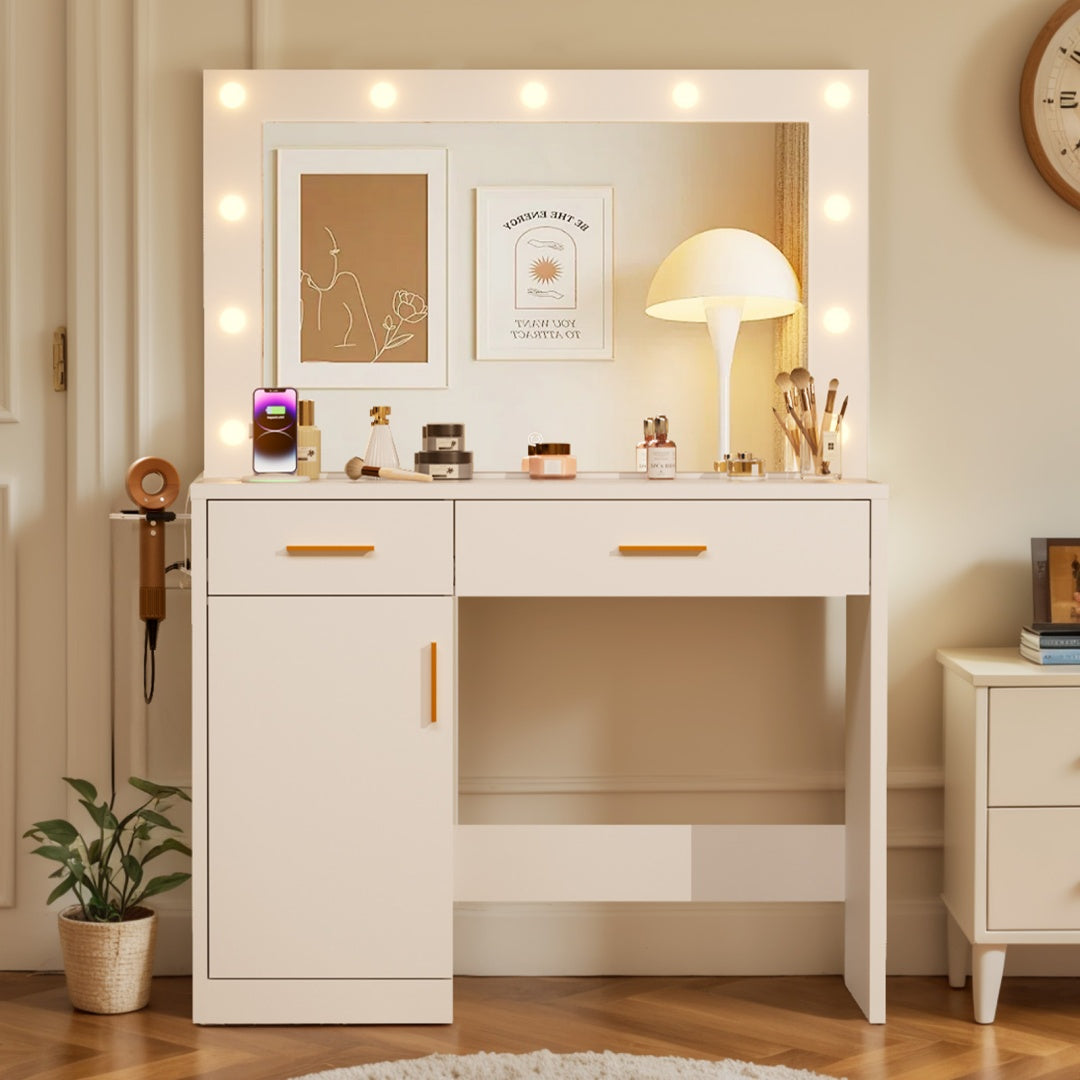 Mirror And Lights, Makeup Vanity Table With Charging Station , 2 Drawers & Large Cabinet, 3 Lighting Color Adjustable, Dressing Table