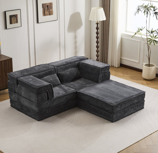 Compression Mahjong Sofa,Convertible Floor Sofa Bed,DIY Boneless Modular Sectional Sofa,No Assembly Required,Circle Fleece Fabric,Oversized 2 Seater With 1 Ottoman,Dark-grey