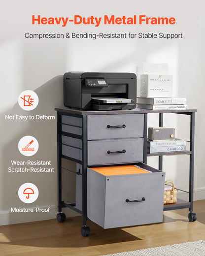 Mobile Metal File Cabinet With 3 Fabric Drawers And 2 Open Shelves Brown
