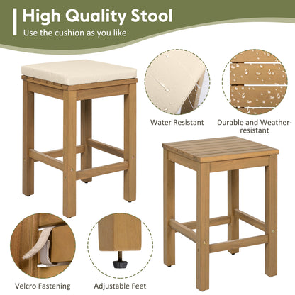 5 Piece Outdoor Bar Set, Patio Acacia Wood Bar Height Table & Four Stools With Cushions, Wood Dining Bar Set For Backyard, Poolside, Balcony, Beige